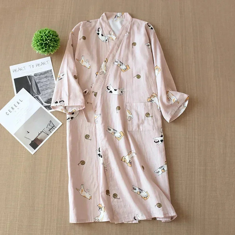 Robe de Chambre Femme Coton - Style Kimono - Chat