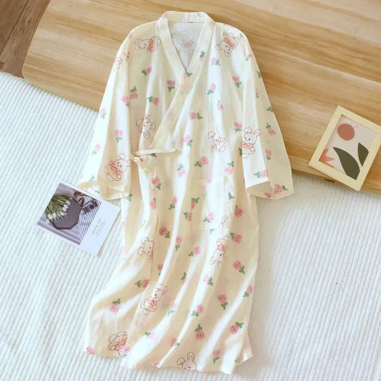 Robe de Chambre Femme Kimono Japonais - 100% Coton - Lapin