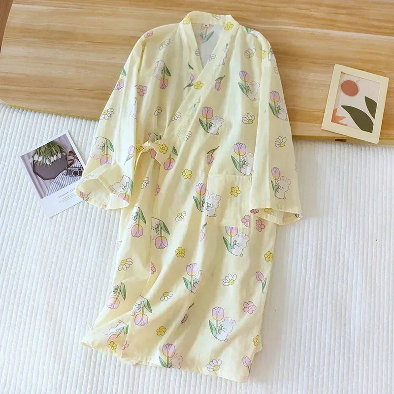 Robe de Chambre Femme Kimono Japonais - 100% Coton - Lapin