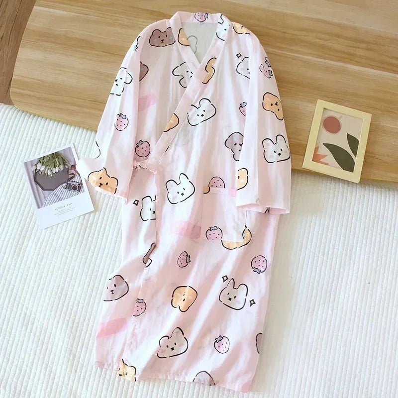 Robe de Chambre Femme Kimono Japonais - 100% Coton - Lapin
