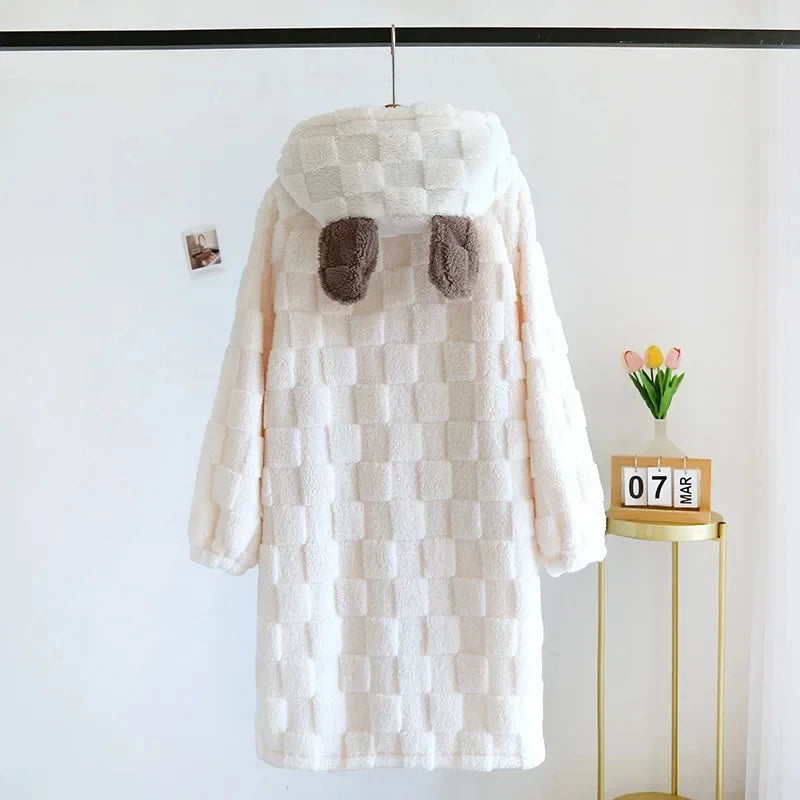 Robe de Chambre Femme Polaire à Capuche – Bleu ou Blanc