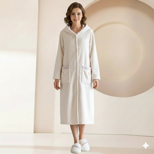 Robe de Chambre Polaire Femme Boutonné à Capuche