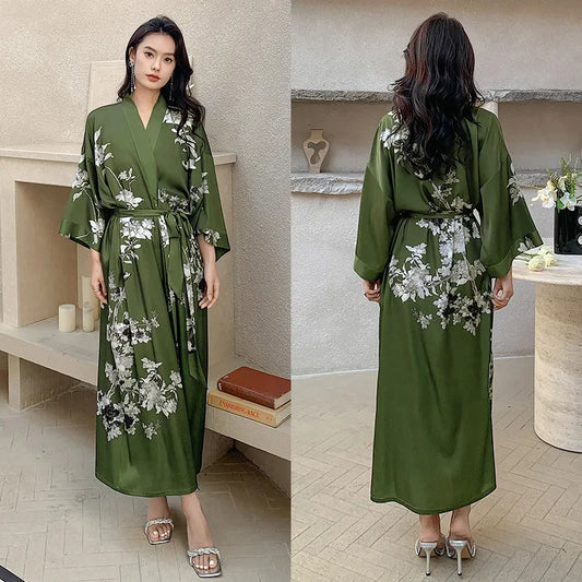 Robe de Chambre Femme Satin – Kimono Fleuri Élégant (Jaune & Vert)