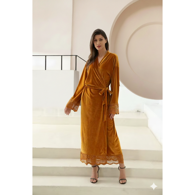 Robe de Chambre Femme Chic en Velours avec Dentelle