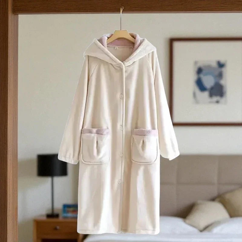 Robe de Chambre Polaire Femme Boutonné à Capuche