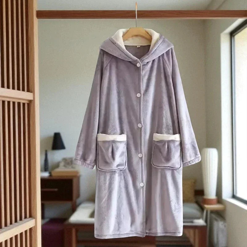 Robe de Chambre Polaire Femme Boutonné à Capuche