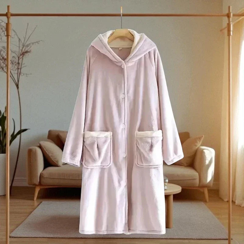 Robe de chambre polaire femme boutonnée à capuche Confort