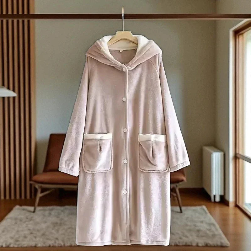 Robe de Chambre Polaire Femme Boutonné à Capuche