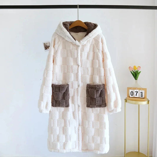 Robe de Chambre Femme Polaire à Capuche – Bleu ou Blanc