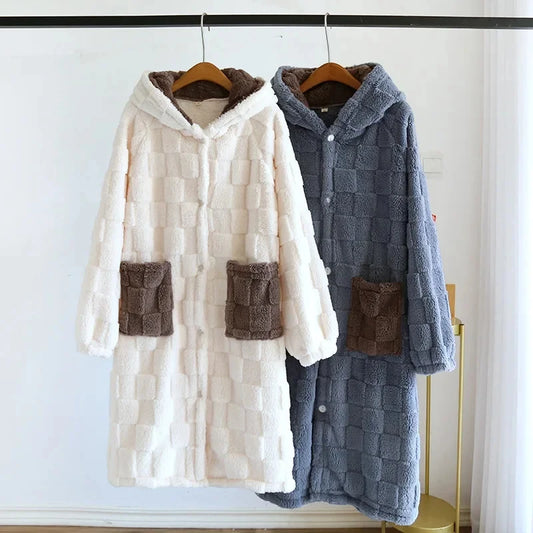 Robe de Chambre Femme Polaire à Capuche – Bleu ou Blanc