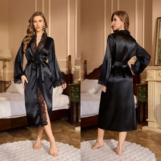 Robe de Chambre Femme Satin Noir Chic – Dentelle Sensuelle