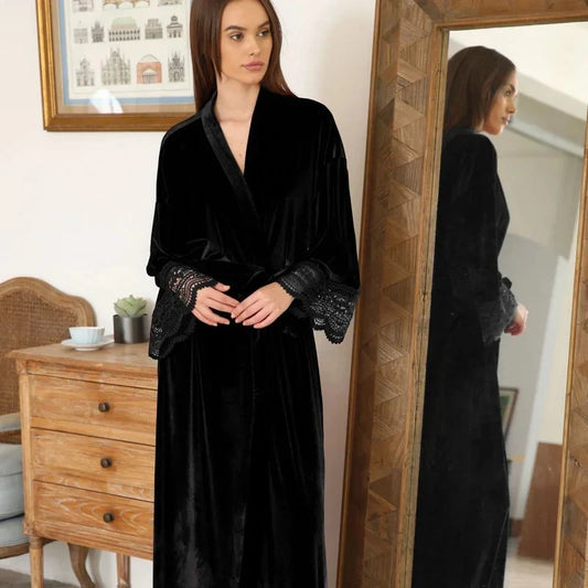 Robe de chambre femme chic en velours avec dentelle