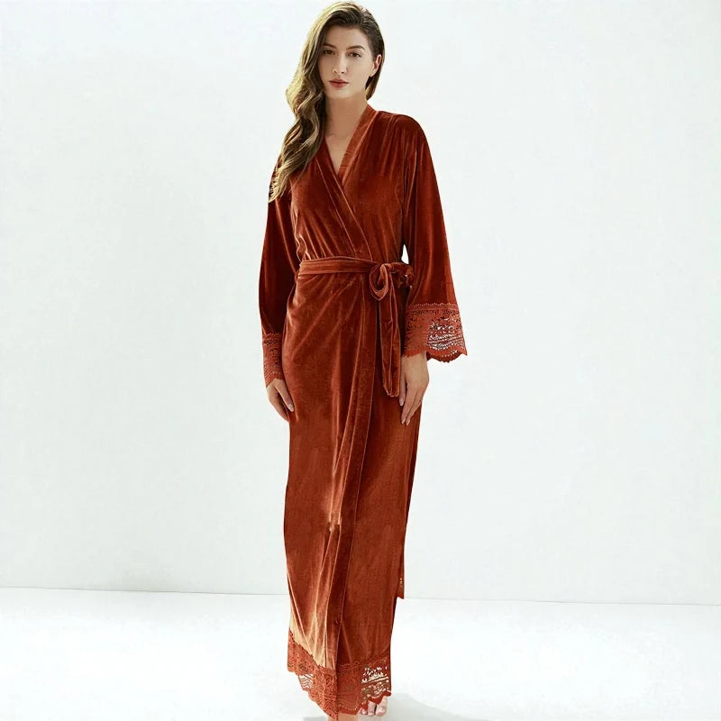 Robe de chambre femme chic en velours avec dentelle