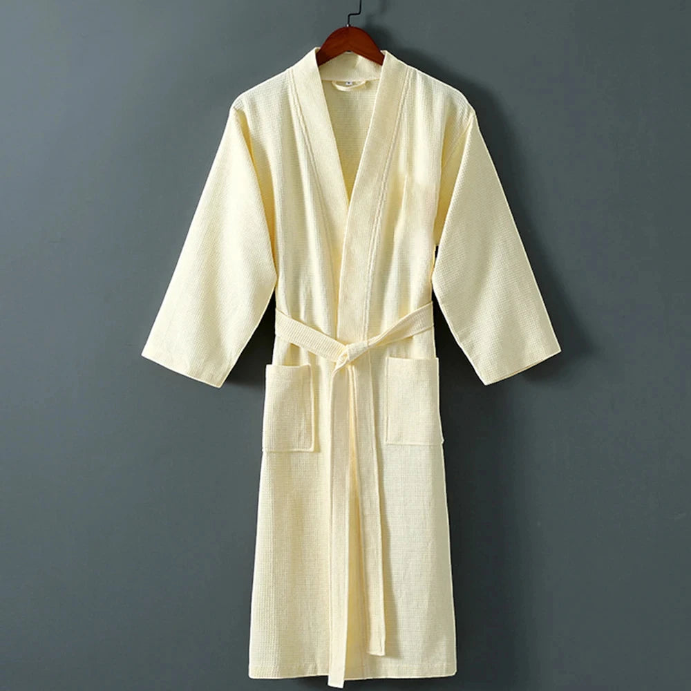 Robe de Chambre Femme 100 % Coton Gaufrée – Jaune Pastel