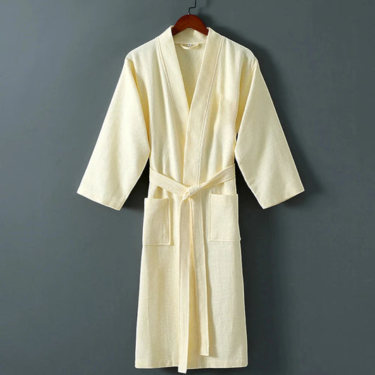 Robe de Chambre Femme 100 % Coton Gaufrée – Jaune Pastel