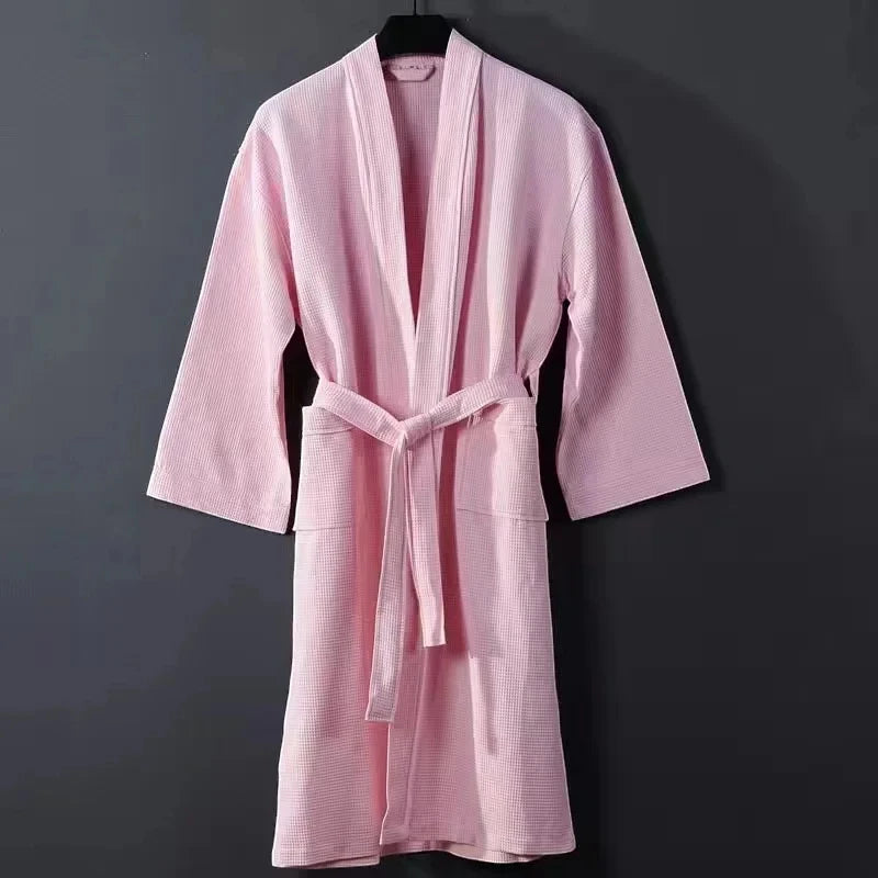 Robe de Chambre Femme 100 % Coton Gaufrée – Rose Doux
