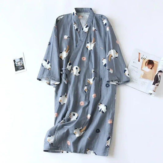 Robe de Chambre Femme Coton - Style Kimono - Chat