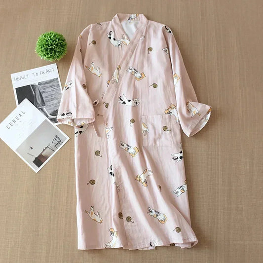 Robe de Chambre Femme Coton - Style Kimono - Chat