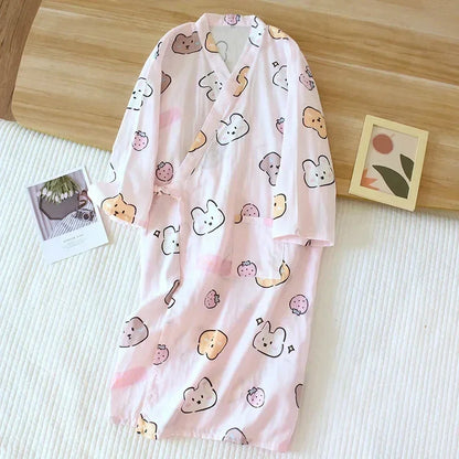 Robe de Chambre Femme Kimono Japonais - 100% Coton - Lapin