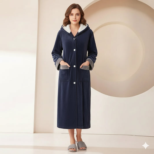 Robe de Chambre Polaire Femme Boutonné à Capuche
