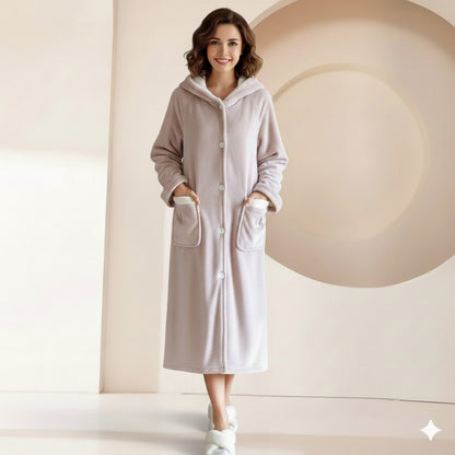 Robe de Chambre Polaire Femme Boutonné à Capuche