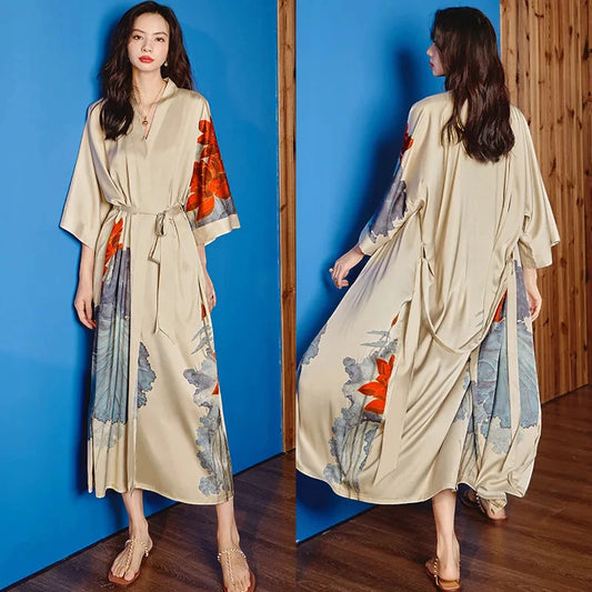 Robe de Chambre Femme Satin - Beige Kimono Fleuri