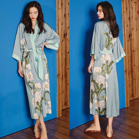 Robe de Chambre Femme Satin – Bleu Clair Kimono Fleuri