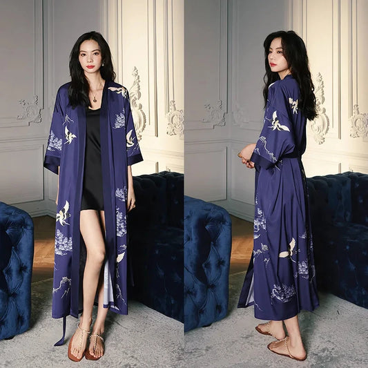 Robe de Chambre Femme Satin – Bleu Marine Kimono Japonais