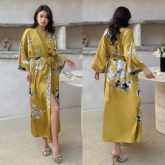 Robe de Chambre Femme Satin Jaune Kimono Fleuri Élégant
