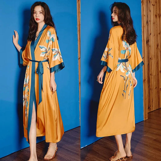 Robe de Chambre Femme Satin – Jaune Kimono Fleuri