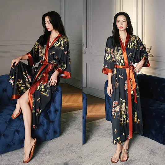 Robe de Chambre Femme Satin – Noir et Orange Kimono Japonais