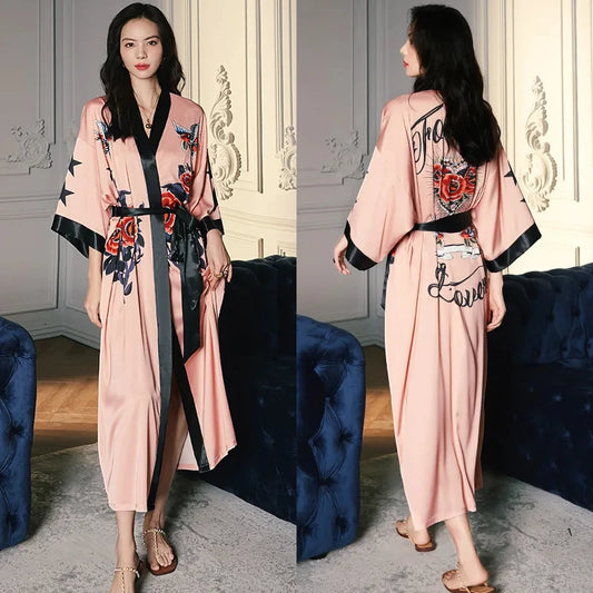 Robe de Chambre Femme Satin – Rose Kimono Brodé