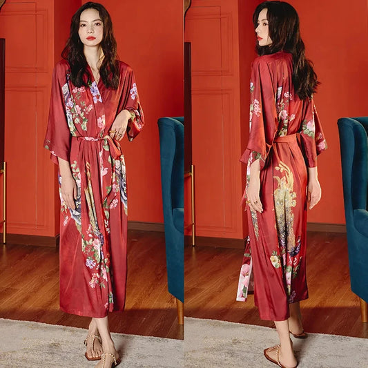 Robe de Chambre Femme Satin Rouge – Kimono Paon Imprimé Japonais