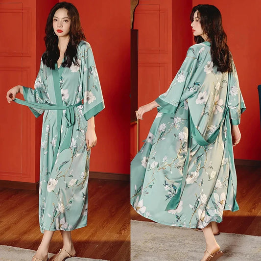 Robe de Chambre Femme Satin – Vert Kimono Fleuri Lotus