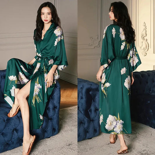 Robe de Chambre Femme Satin – Vert Kimono Fleuri
