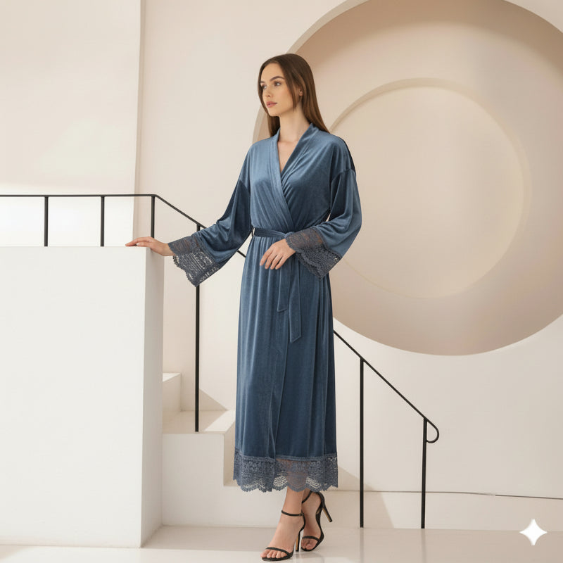 Robe de Chambre Femme Chic en Velours avec Dentelle