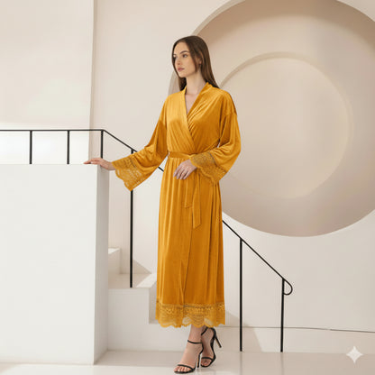 Robe de Chambre Femme Chic en Velours avec Dentelle