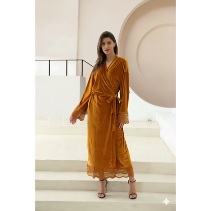 Robe de Chambre Femme Chic en Velours avec Dentelle