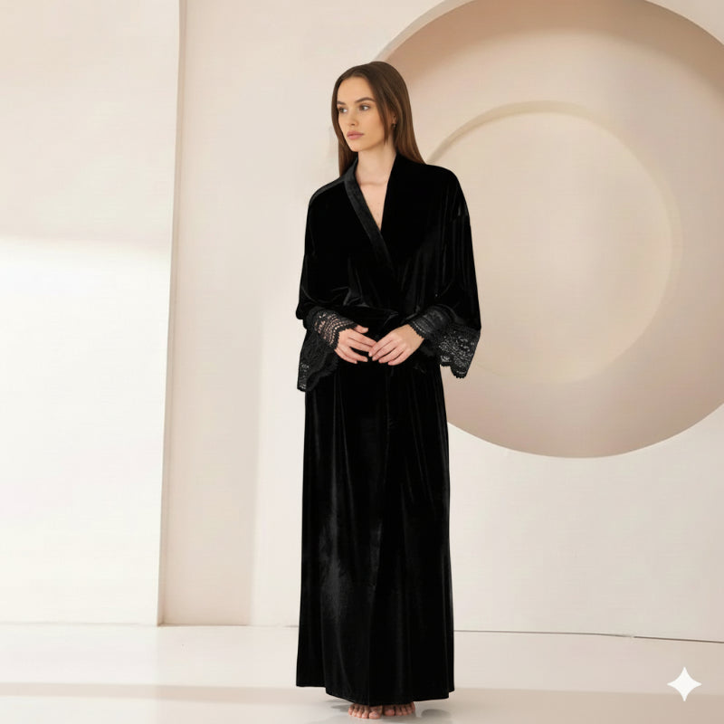 Robe de Chambre Femme Chic en Velours avec Dentelle
