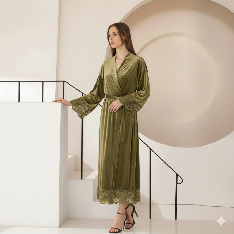 Robe de Chambre Femme Chic en Velours avec Dentelle