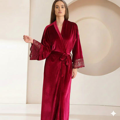 Robe de Chambre Femme Chic en Velours avec Dentelle