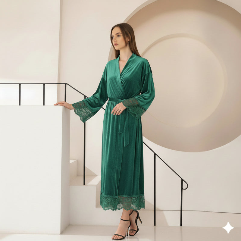 Robe de Chambre Femme Chic en Velours avec Dentelle