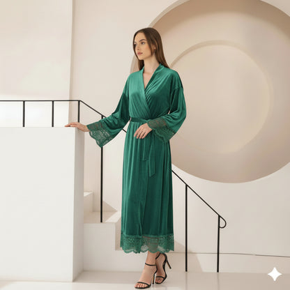 Robe de Chambre Femme Chic en Velours avec Dentelle