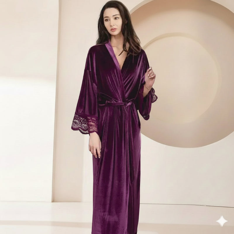 Robe de Chambre Femme Chic en Velours avec Dentelle