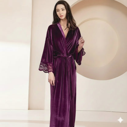 Robe de Chambre Femme Chic en Velours avec Dentelle