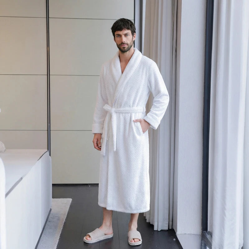 Peignoir Homme Long en Polaire Texturée - Ultra Chaud & Col Châle - Robe de Chambre Hiver