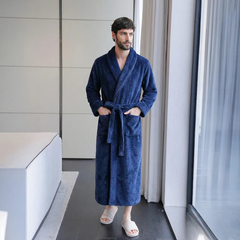 Peignoir Homme Long en Polaire Texturée - Ultra Chaud & Col Châle - Robe de Chambre Hiver