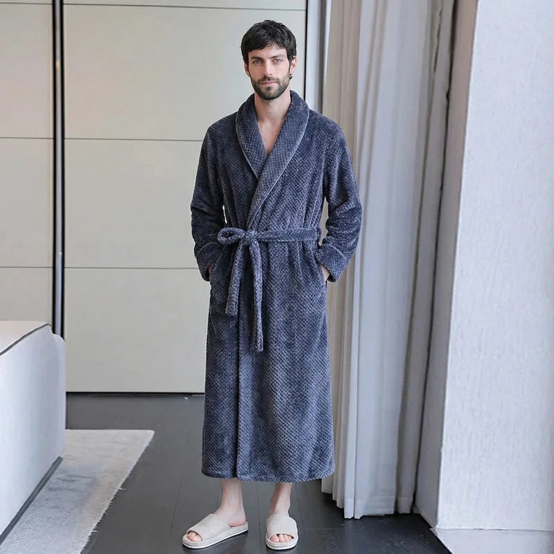 Peignoir Homme Long en Polaire Texturée - Ultra Chaud & Col Châle - Robe de Chambre Hiver