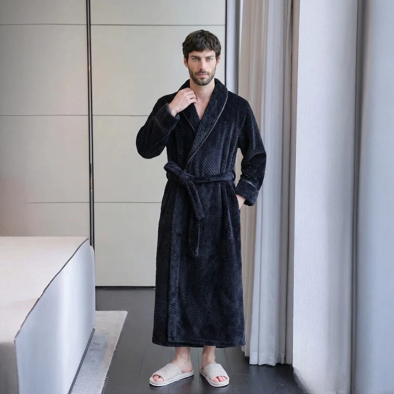 Peignoir Homme Long en Polaire Texturée - Ultra Chaud & Col Châle - Robe de Chambre Hiver