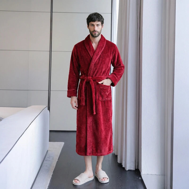 Peignoir Homme Long en Polaire Texturée - Ultra Chaud & Col Châle - Robe de Chambre Hiver